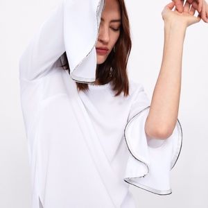 Zara Shiny Jewel Trim Top w/ Ruffled Bellow Sleeve